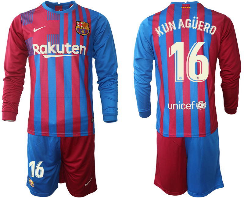 Men 2021-2022 Club Barcelona home red blue Long Sleeve #16 Nike Soccer Jersey